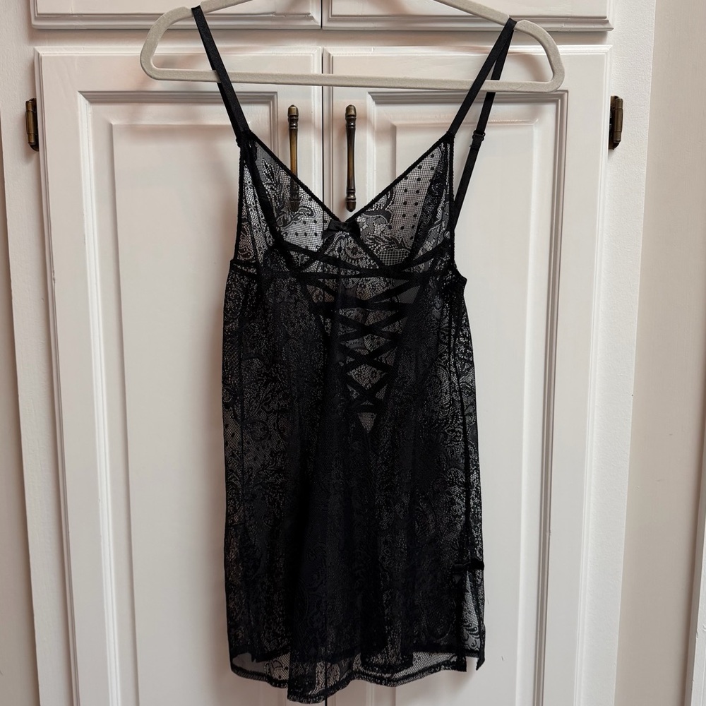 Victoria’s Secret Black Lace Chemise Nighty Lace Up Corset Detail Size Small